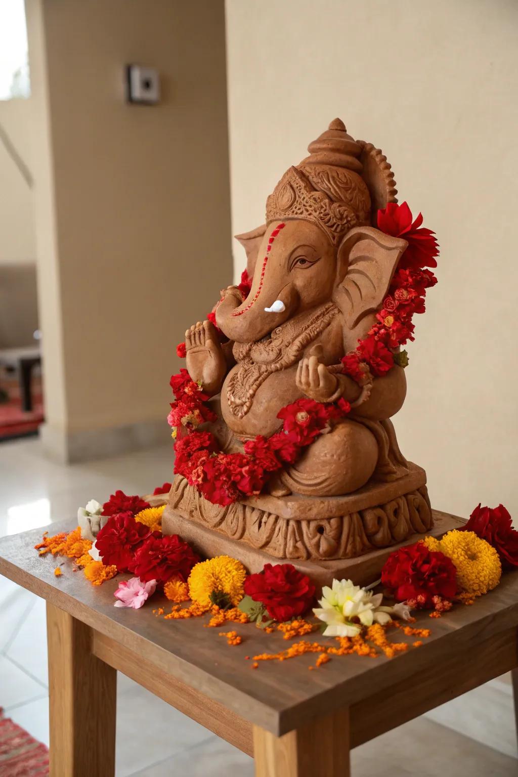 An exquisitely handcrafted clay Ganesha statue, lending a personal semblance to the celebrations.