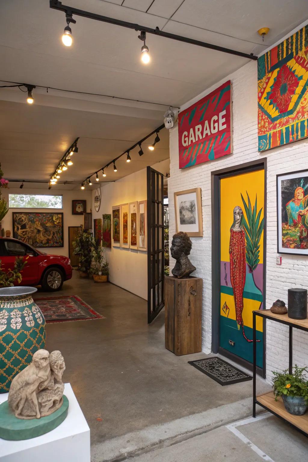 Artistic decor including paintings and sculptures in a garage shop.