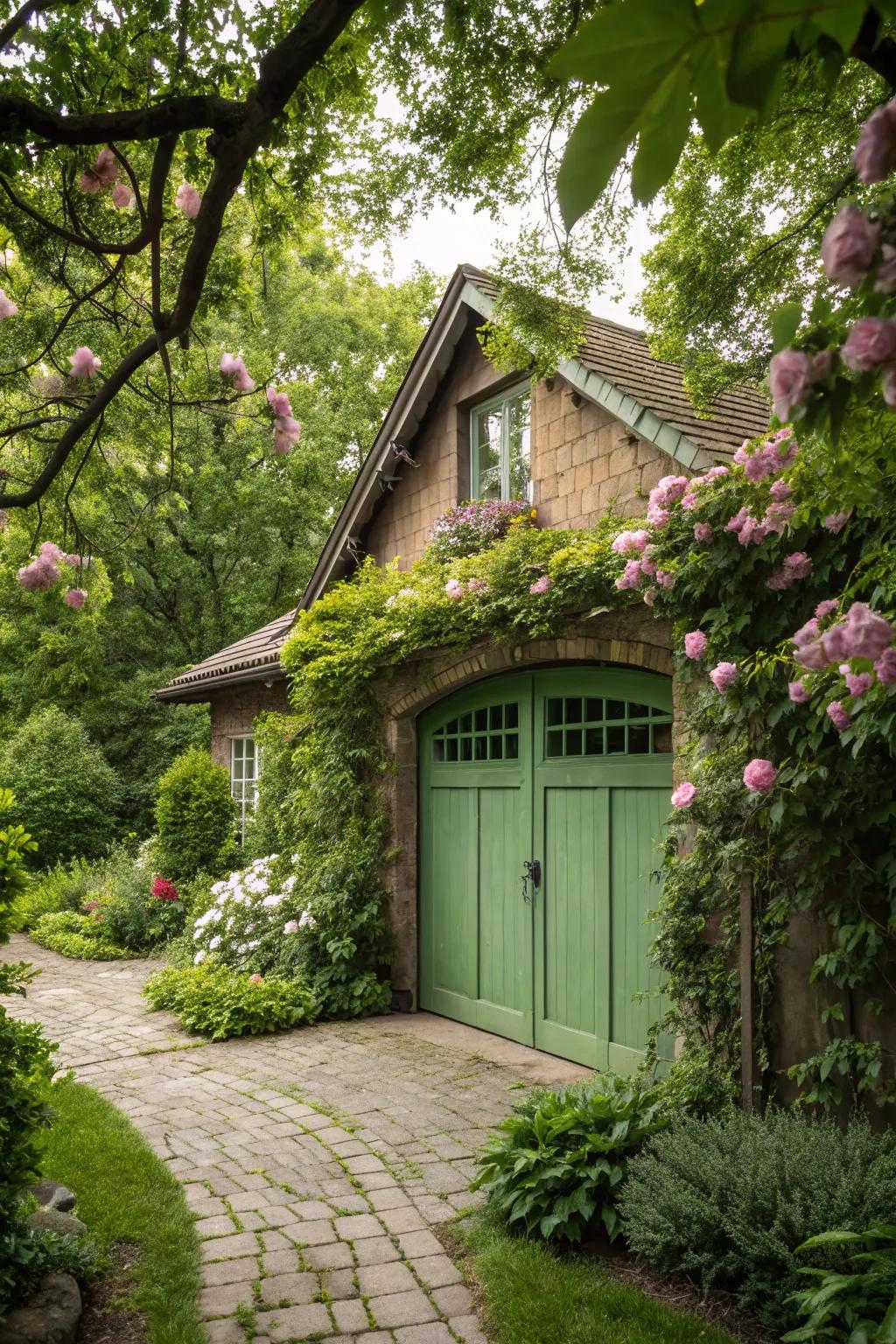 Inherent verdant garage entries present a harmonious connection with the outdoors.