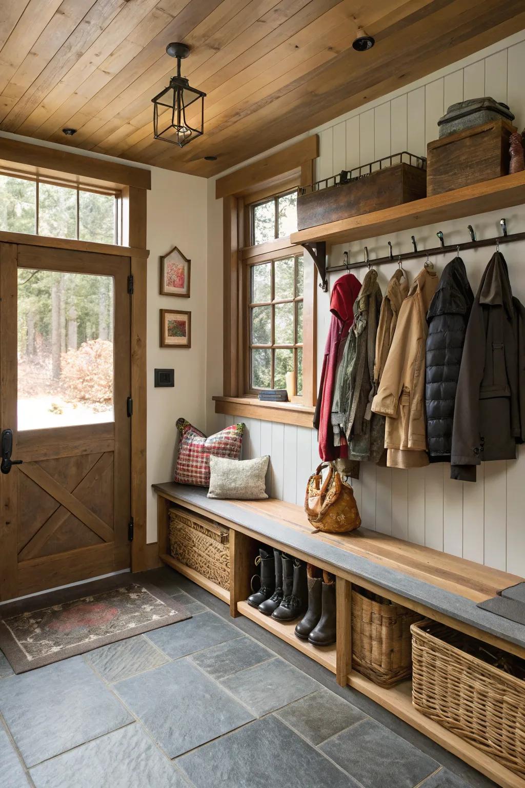 A practical mudroom configuration incorporated within a garage space.