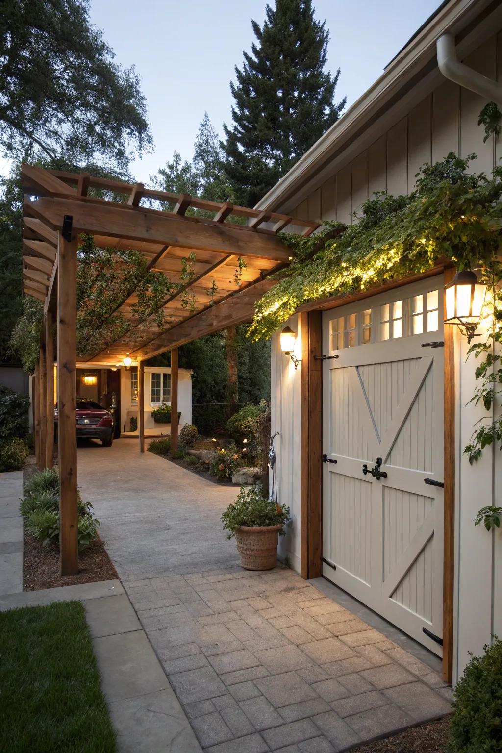 A stunning garage accentuated with a chic woodland pergola.