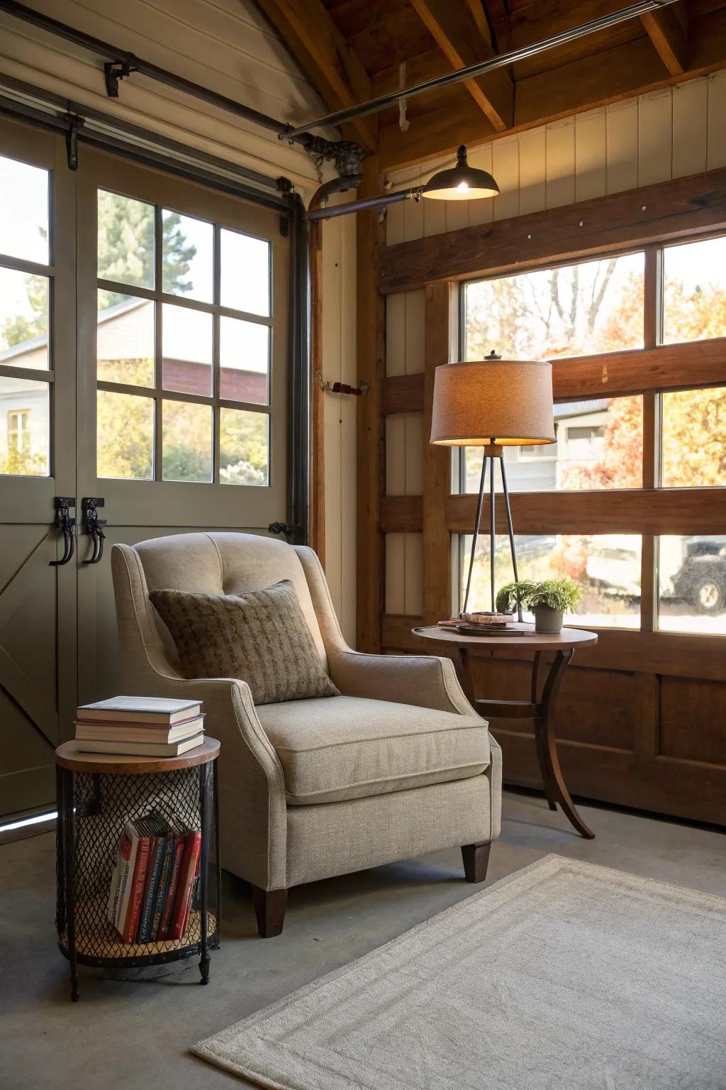 A cozy seating area brings comfort and balance to your garage office.