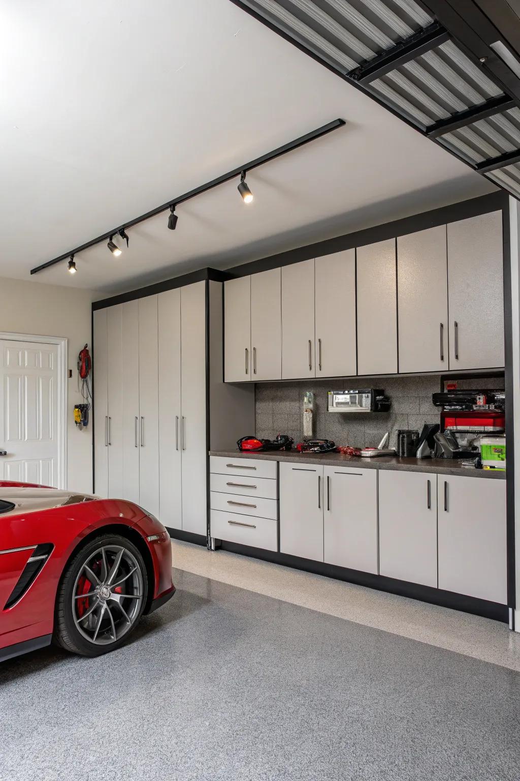 Bespoke storage offers a refined and organized garage aesthetic.