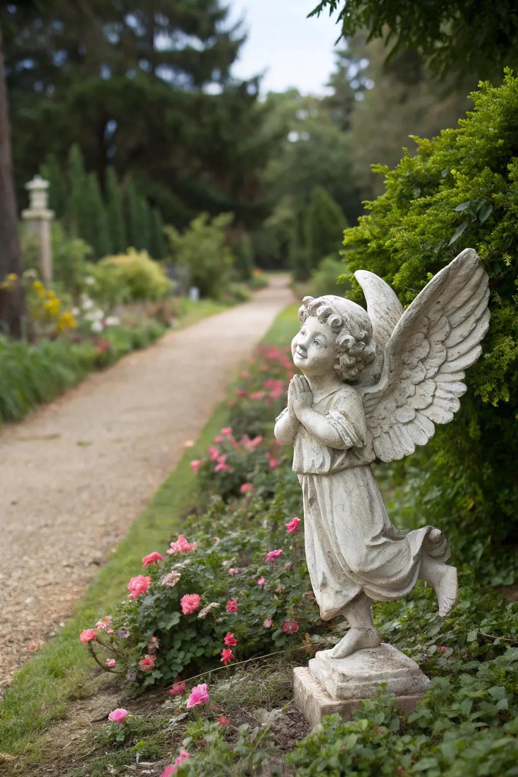 A cheerful cherub angel enhancing the charm of a garden path.