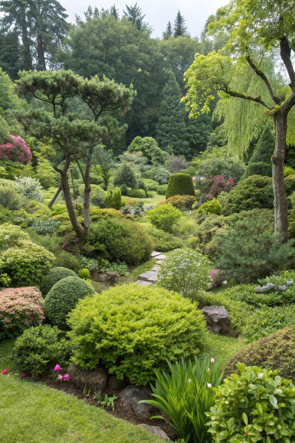 An inviting garden filled with abundant greenery and a variety of plants and bushes.