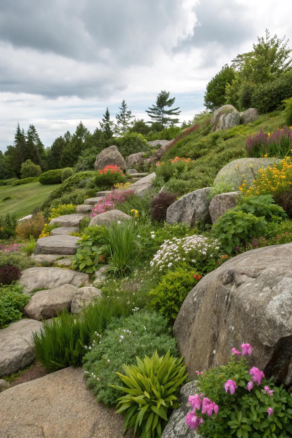 Natural rock features add stability and rustic charm to a hillside garden.