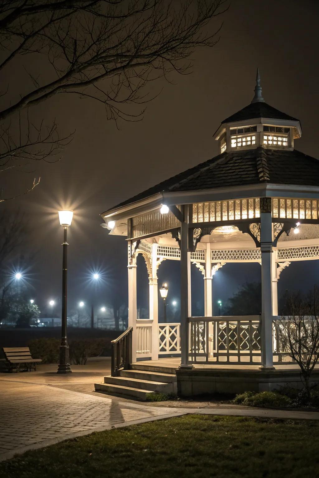 Focused lights introduce drama through emphasizing the structural splendor of your gazebo.