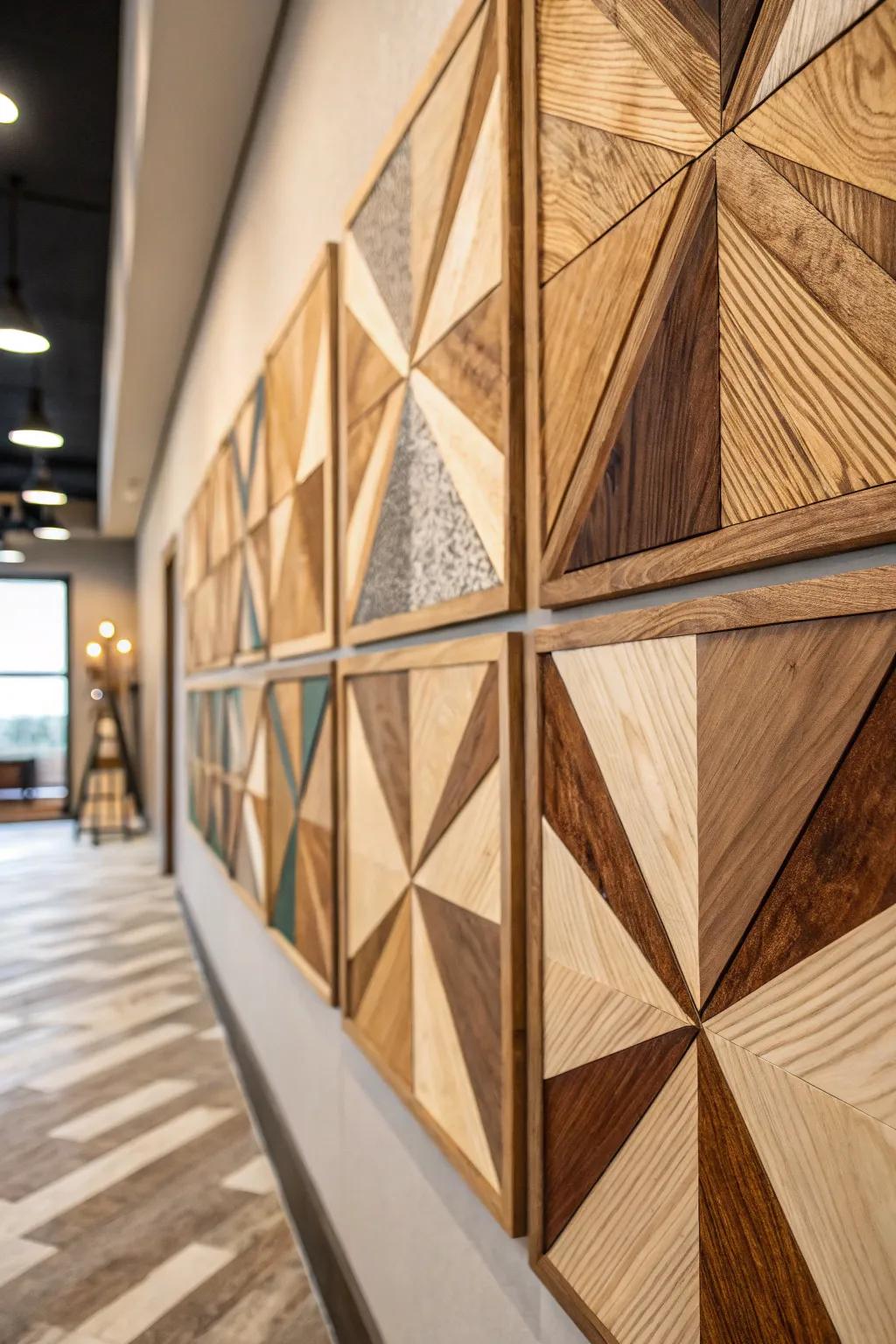 The warmth of nature and modern design are combined in wooden geometric art.