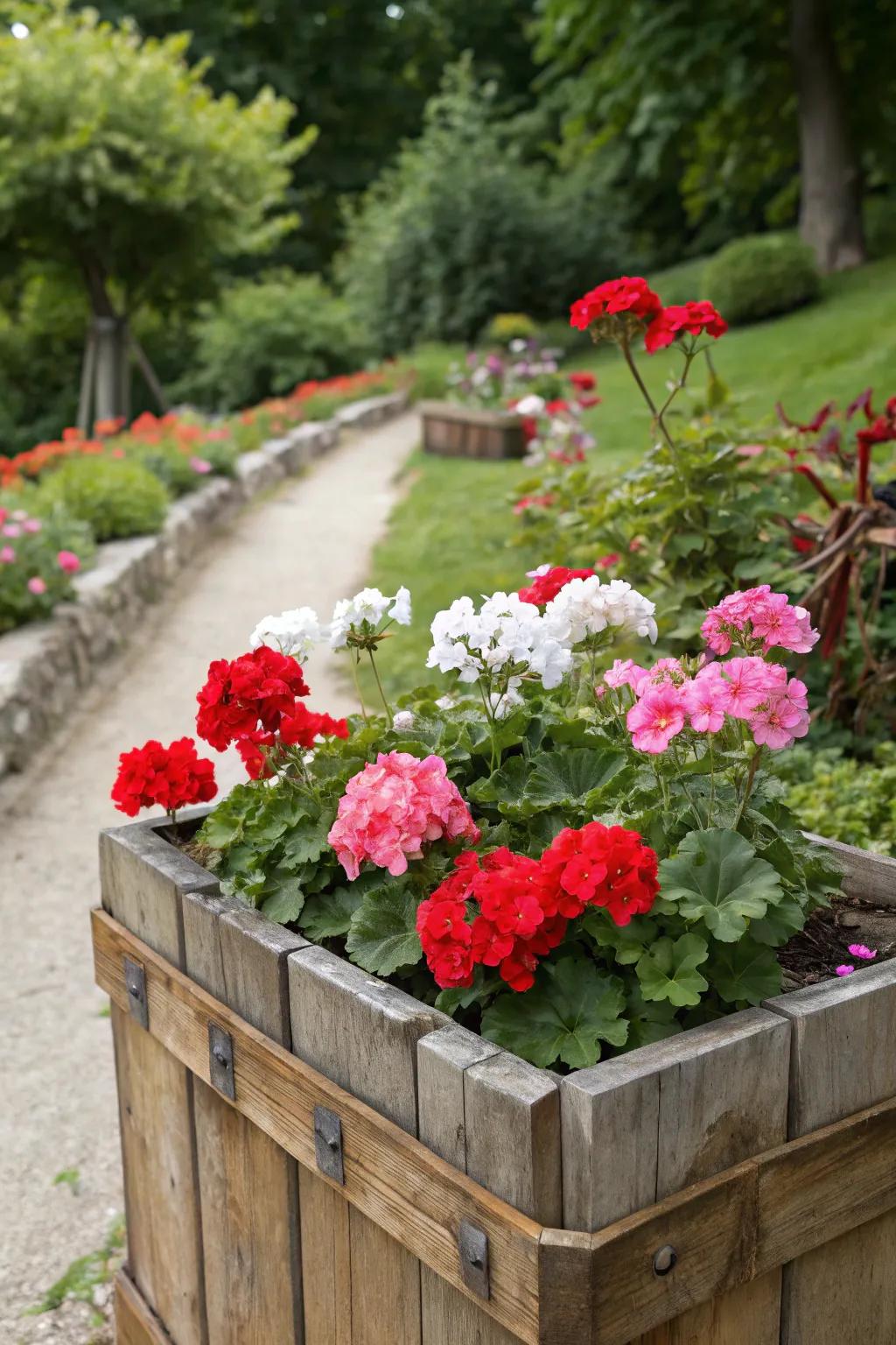 A country timber bed filled with colorful geraniums nestled in a garden.