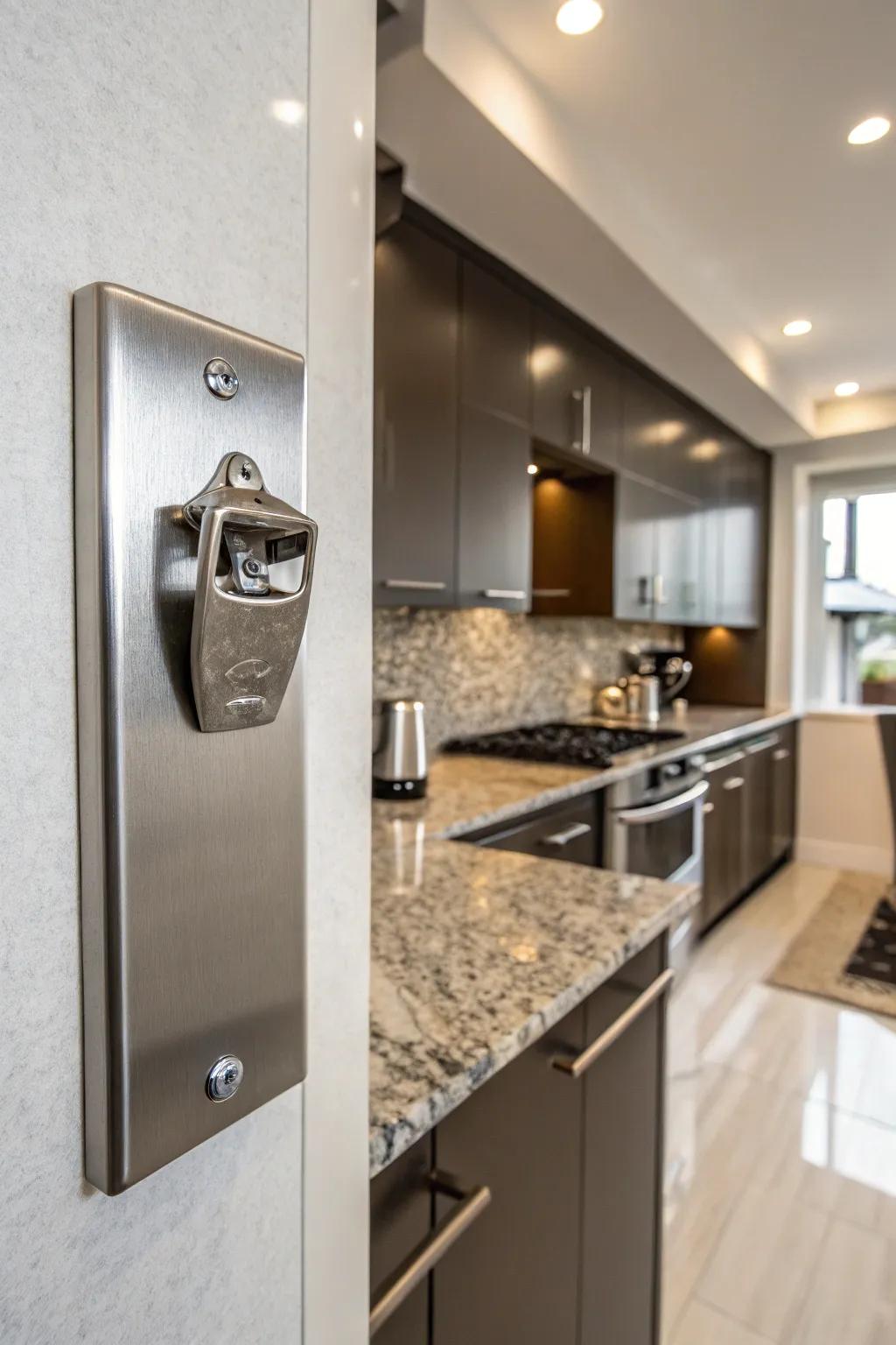 Functional and stylish, a wall-secured bottle opener is essential.