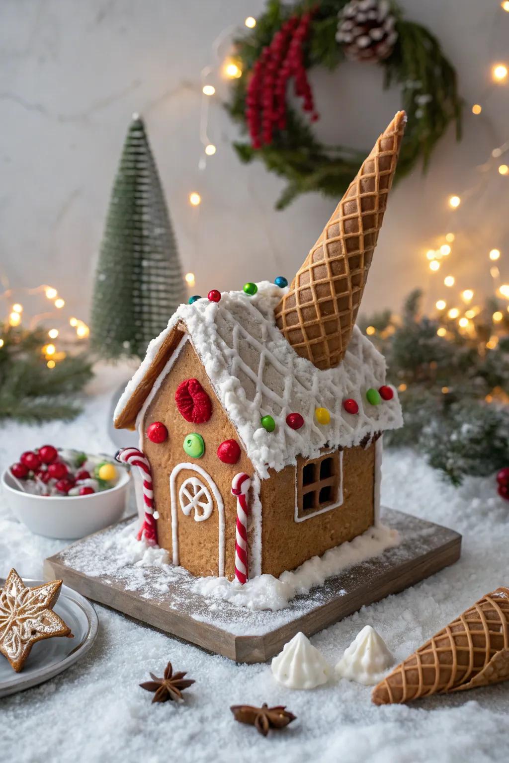 Waffle cones add a unique architectural flair to gingerbread house roofs.