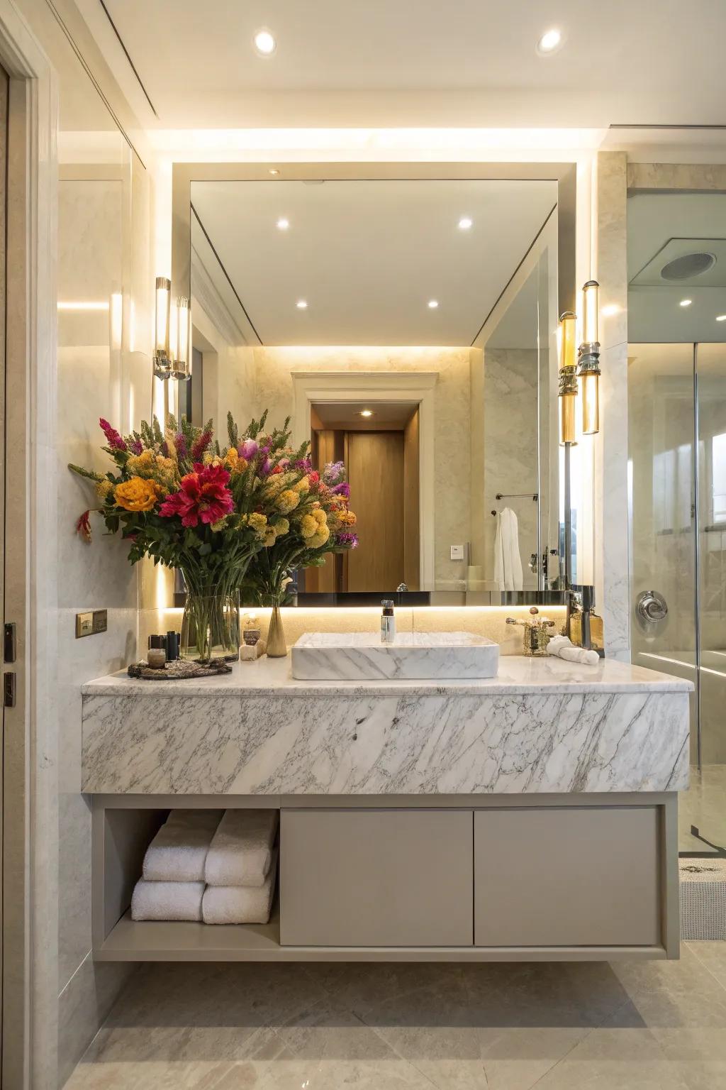 A bathroom with a botanical arrangement adorning a polished stone vanity.