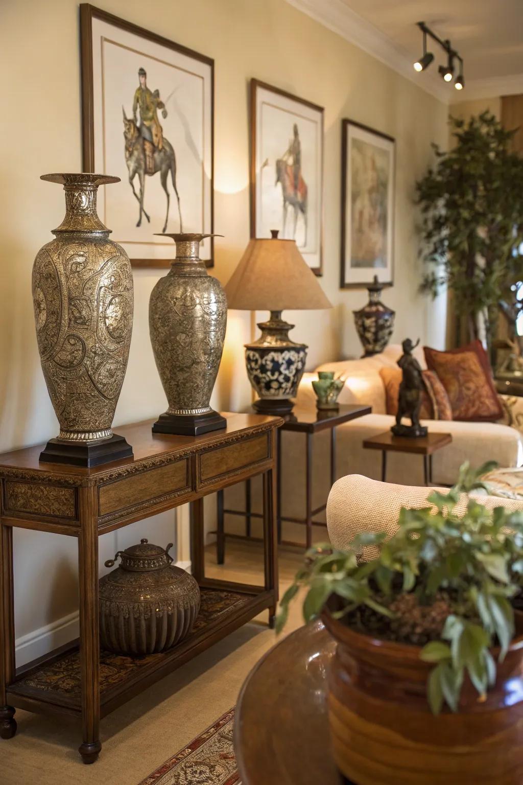 Decorative features inject a personal flair to glamorous living spaces.