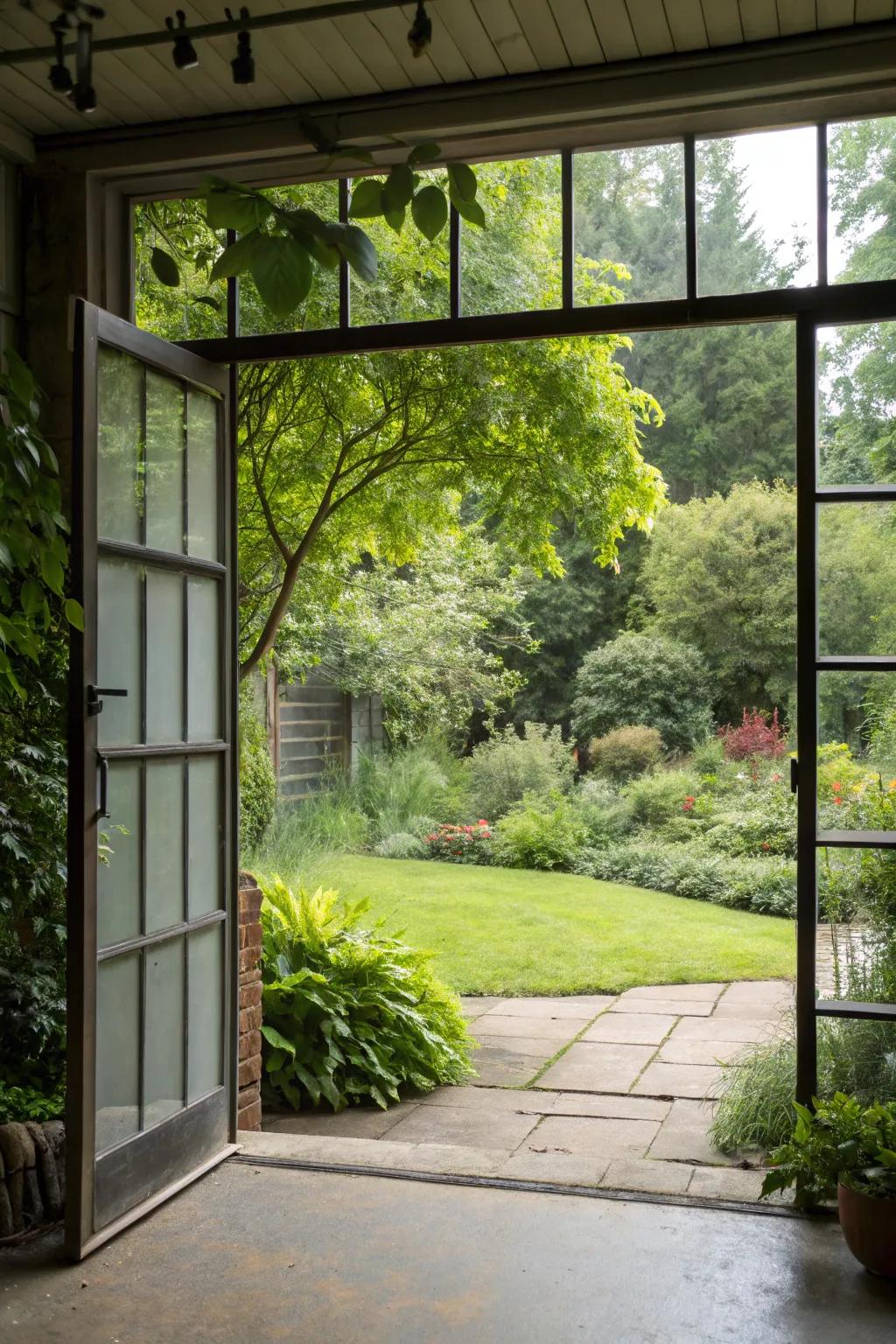 Greenery is beautifully integrated into a home with a glass garage door.