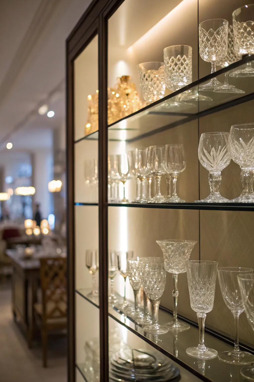Illuminated shelves generating a warm ambiance complemented by glassware.
