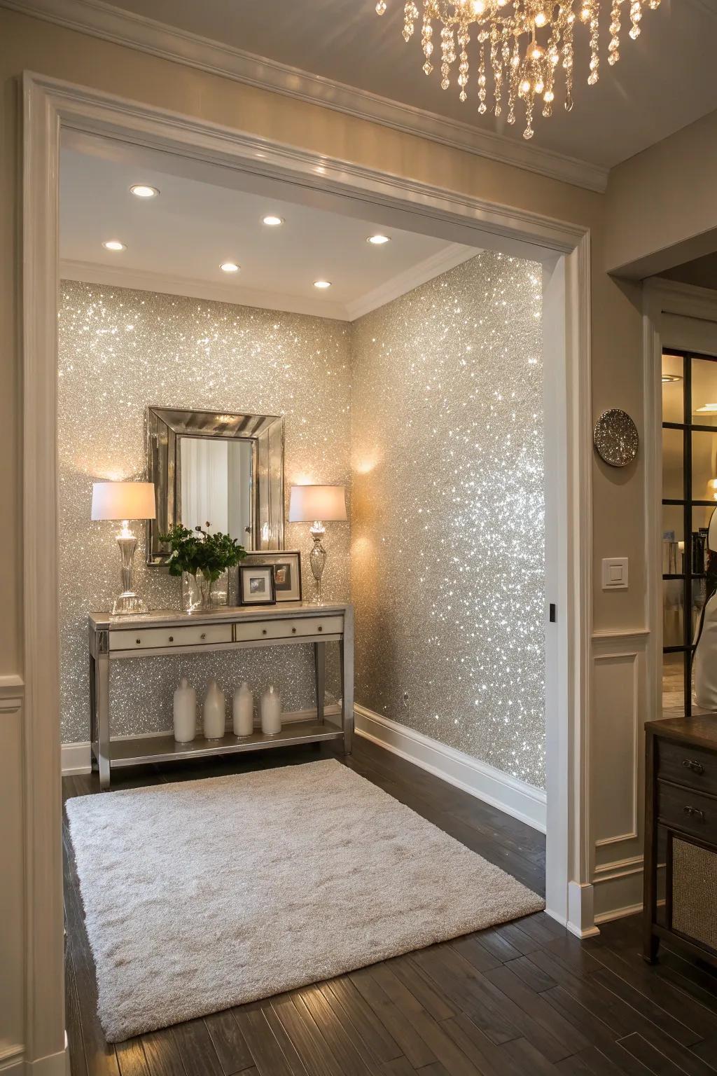 A glitter accent wall cultivates an inviting entryway.