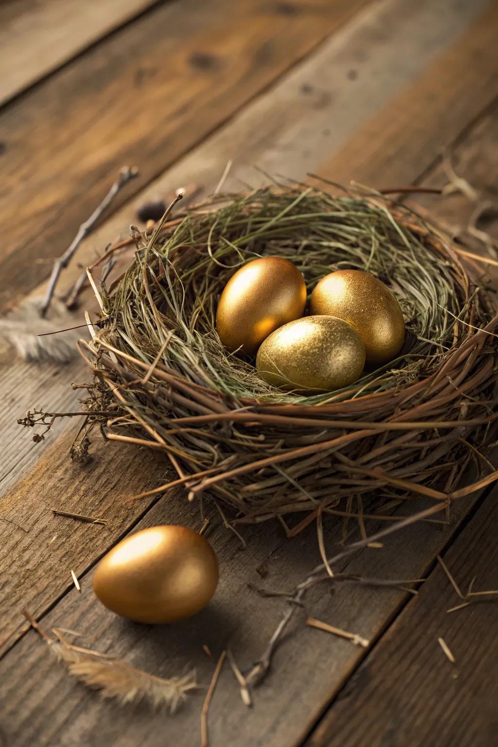 Gilded eggs ensconced within a country-inspired, unaltered abode, ideally suited for an Easter focal point.