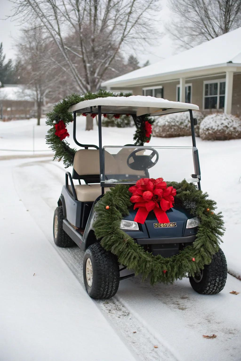 Traditional holiday charm with wreaths and bows.