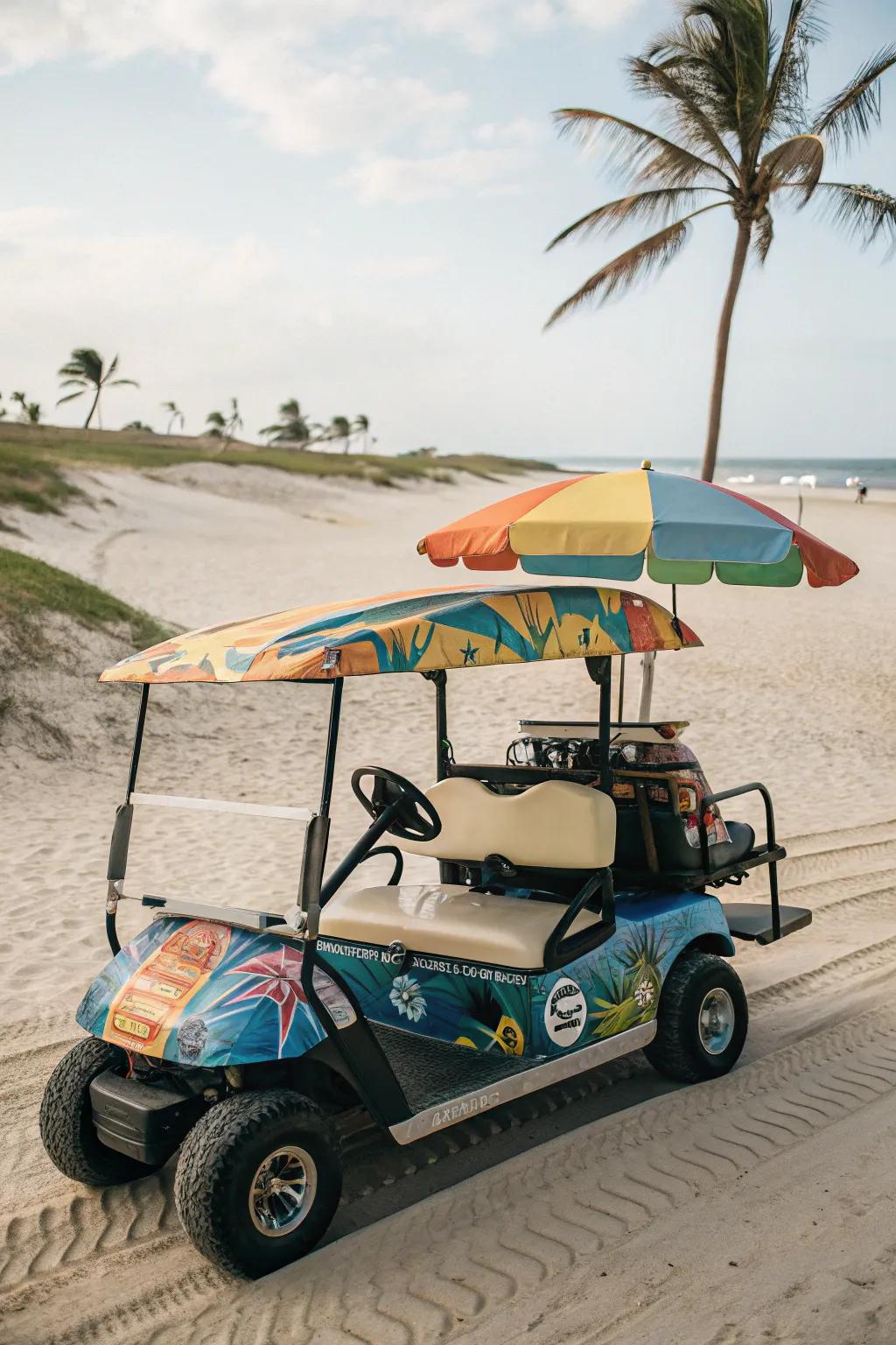 Set up an island escape with beach-themed golf cart decorations.
