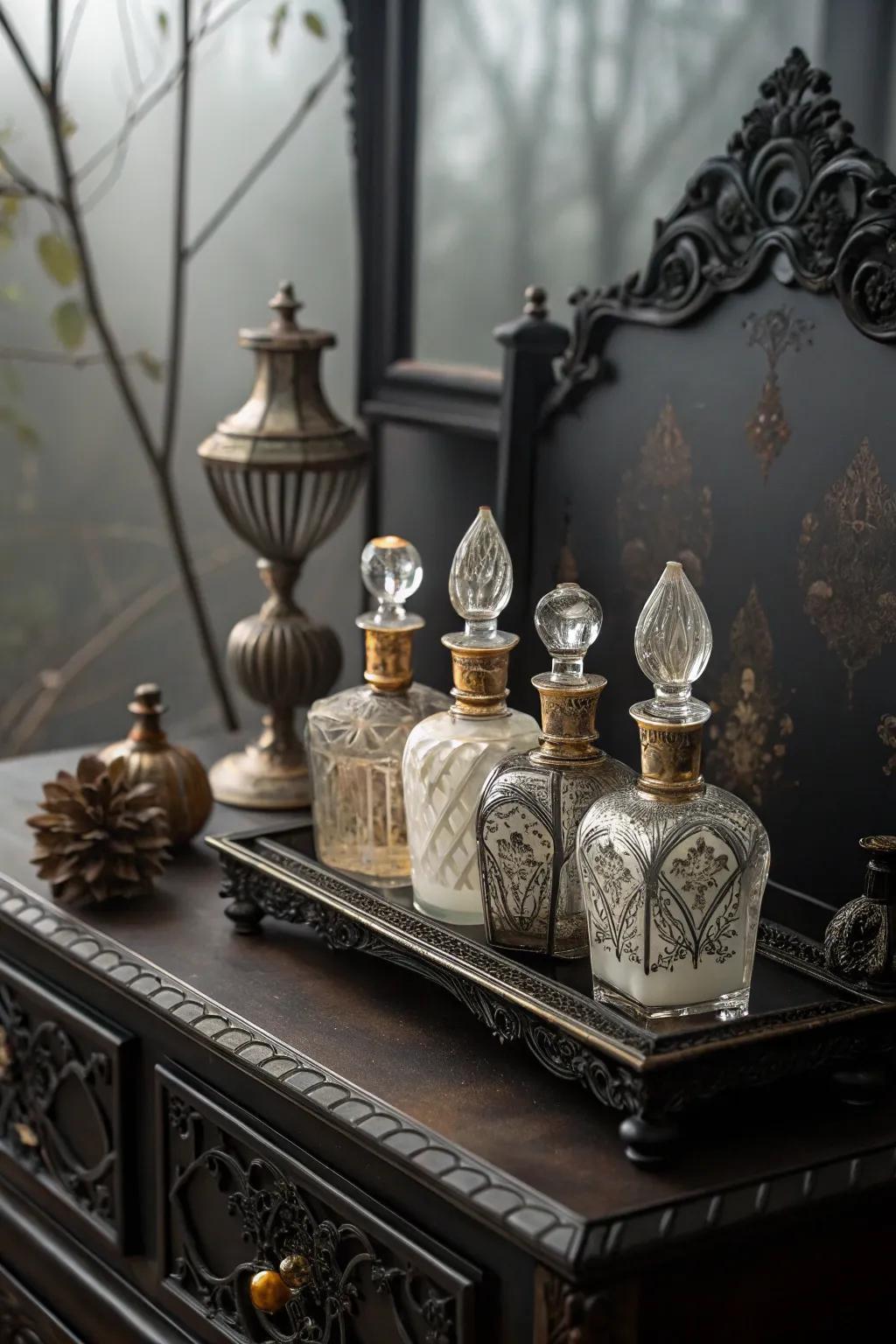 Ornate scent bottles introduce charm and elegance.