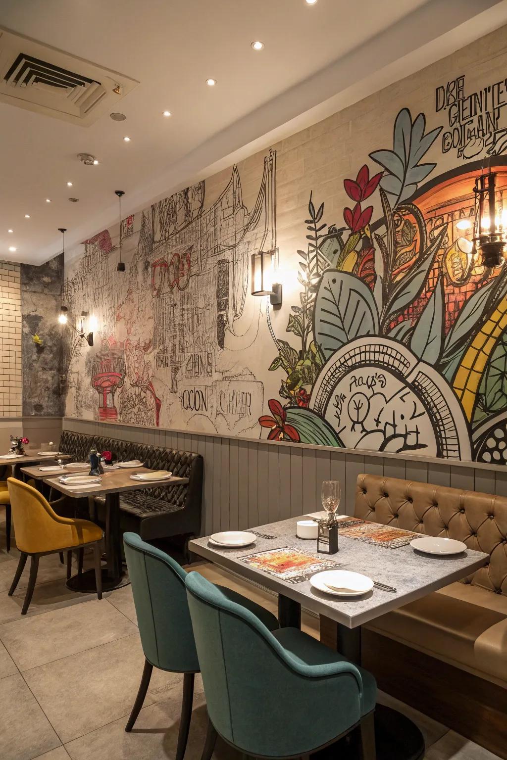 Fine graffiti drawings adding artistic charm to a dining area