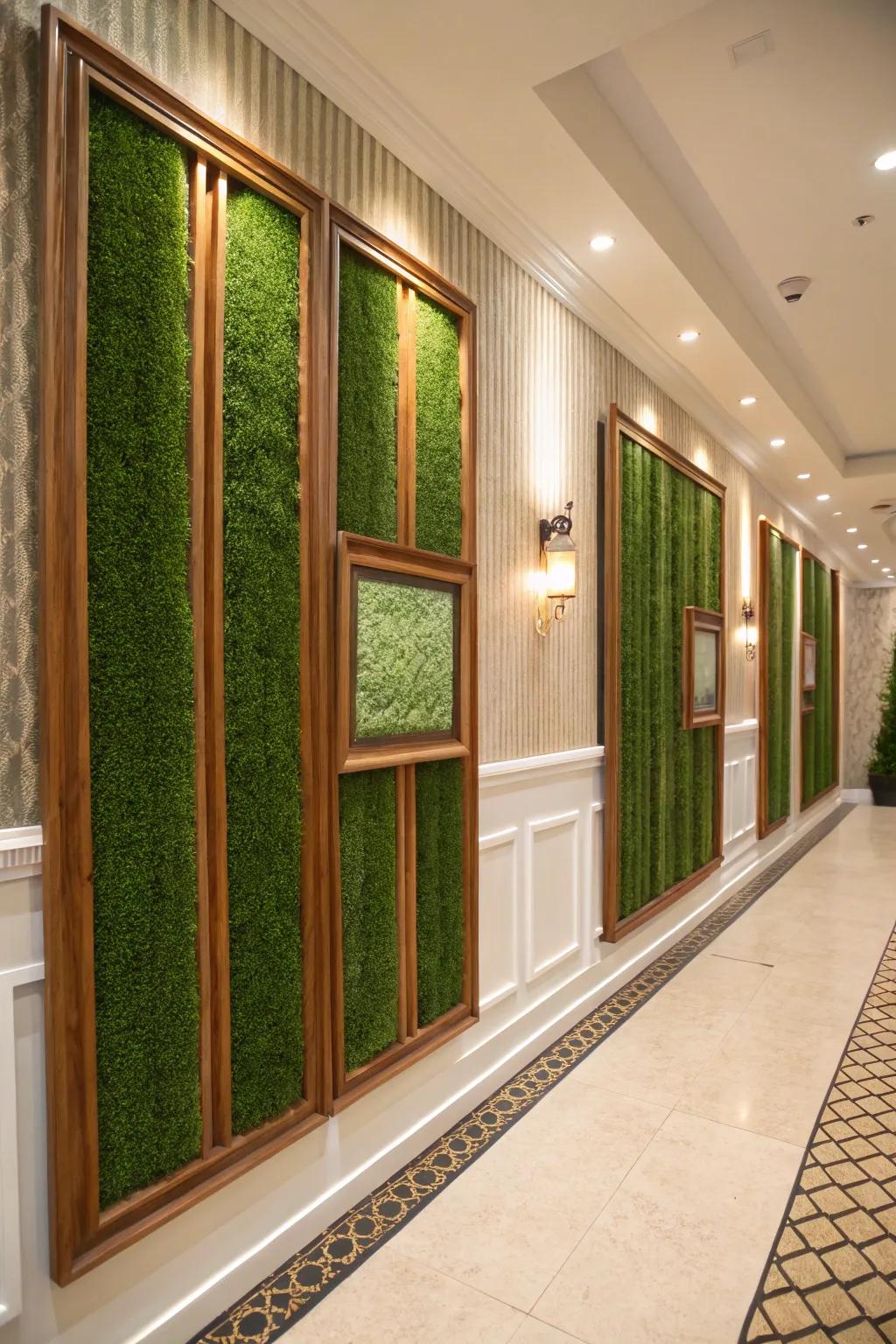 Timber enclosures impart structure and refinement to a verdant partition, augmenting its contemporary allure.