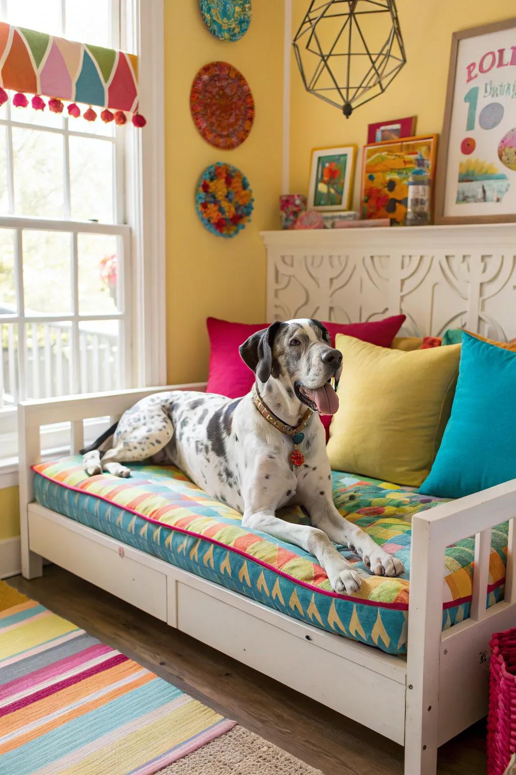 Day beds infuse color and offer a snug spot for your Great Dane.