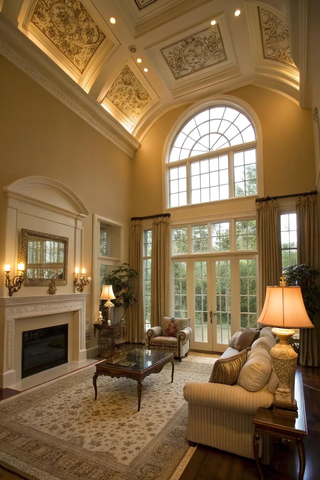Transom windows impart elegance and height to this refined living room.