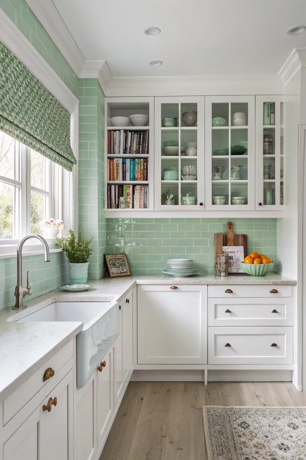 A soft green wall brightens up this modern cooking space.