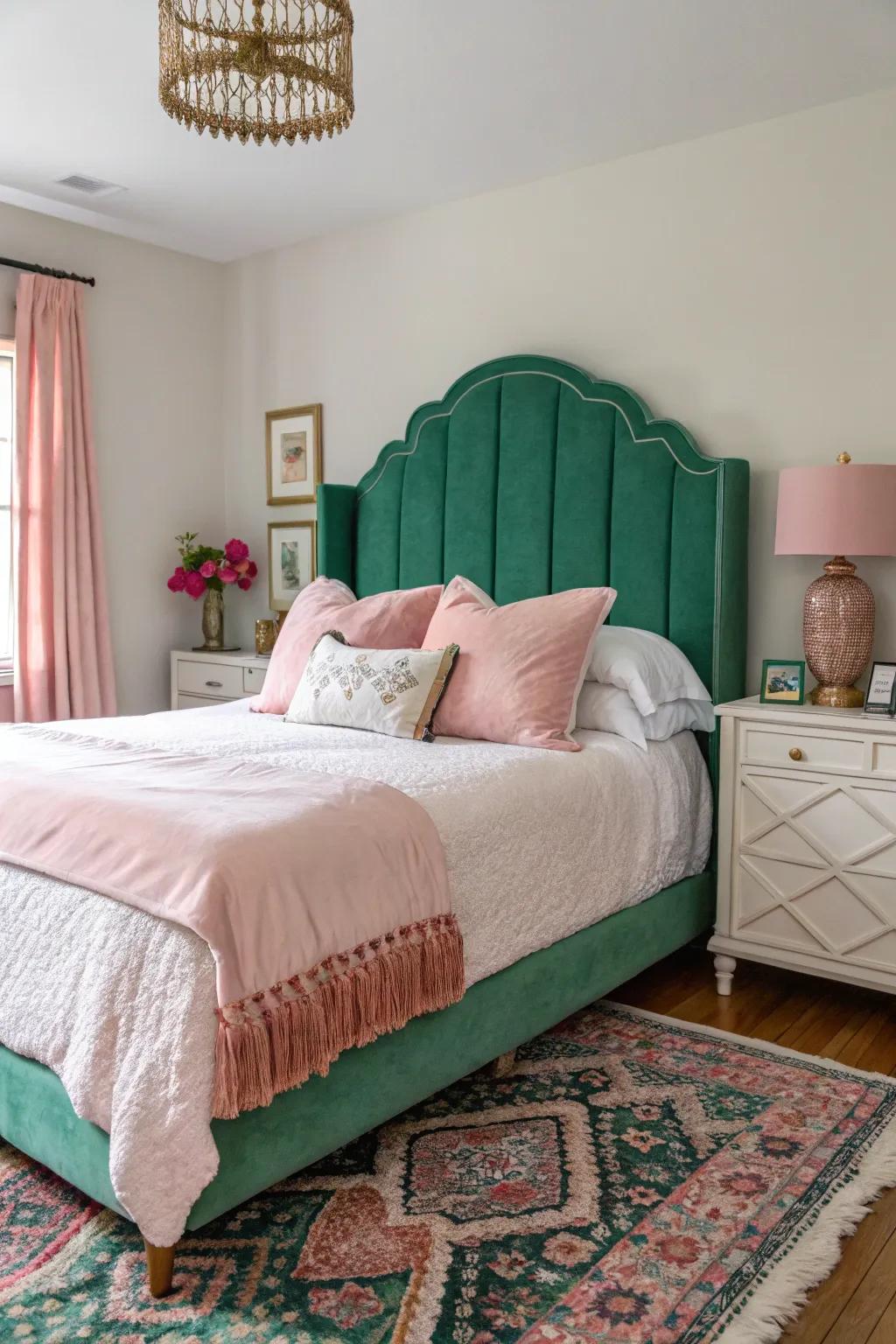 An emerald green headboard makes a bold statement in your bedroom.
