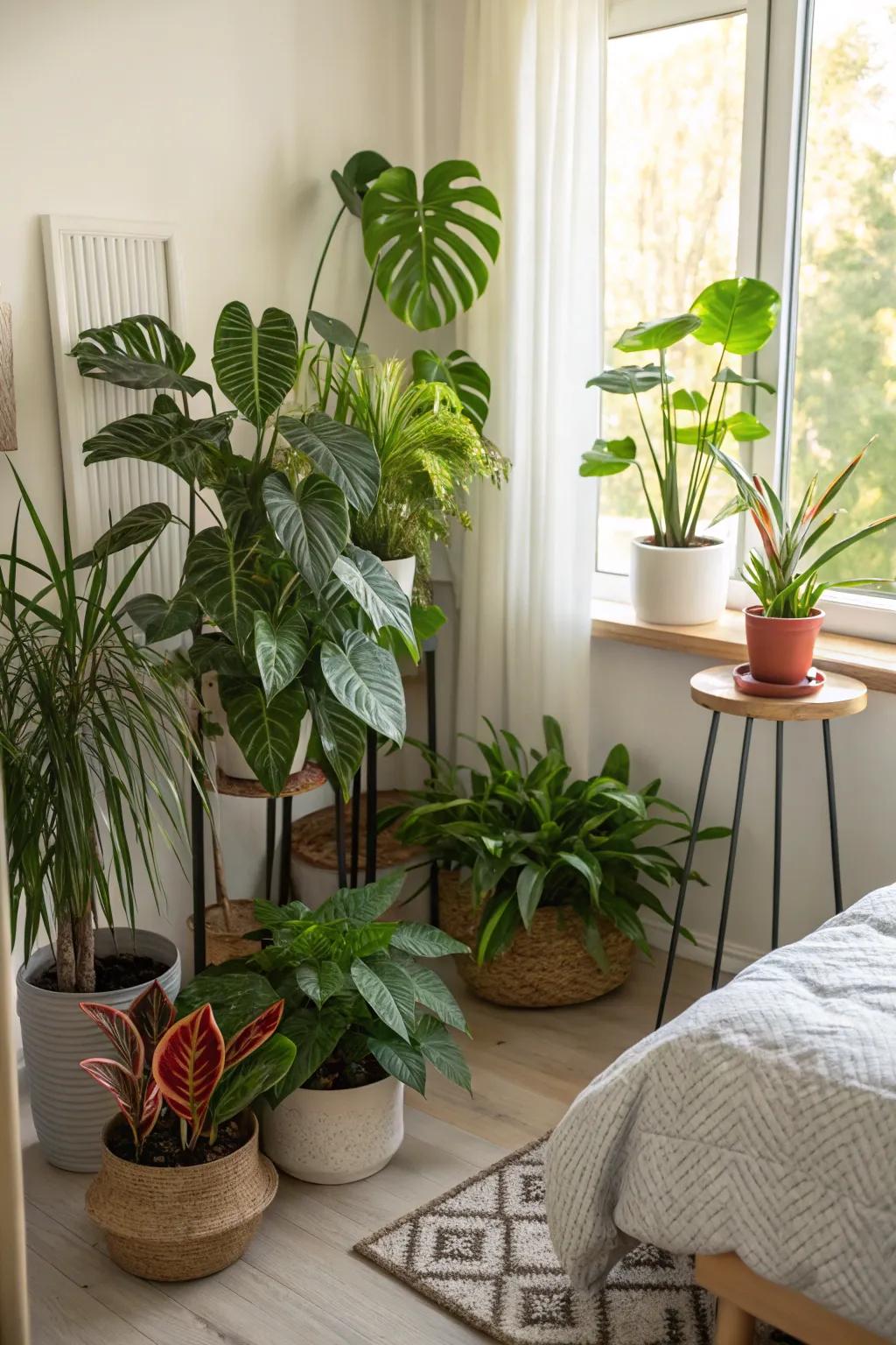 Indoor flora injects natural freshness and vibrancy into this green-themed bedroom.