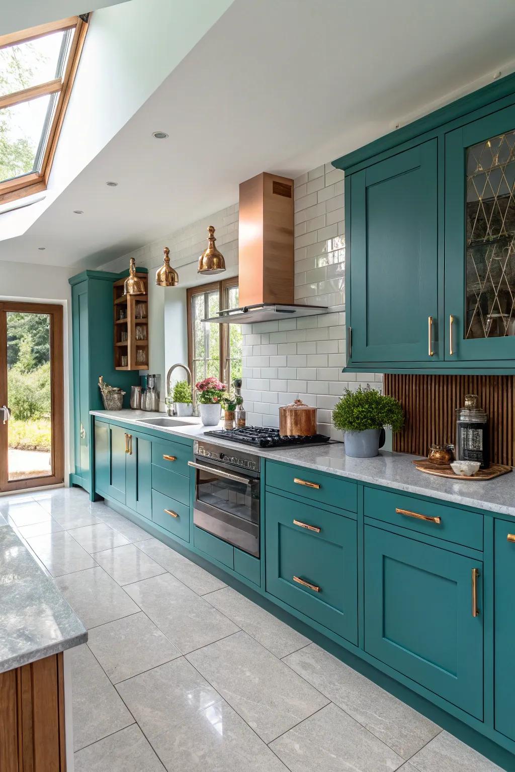 Distinctive kitchen featuring seabreeze cabinets and trendy copper accents.