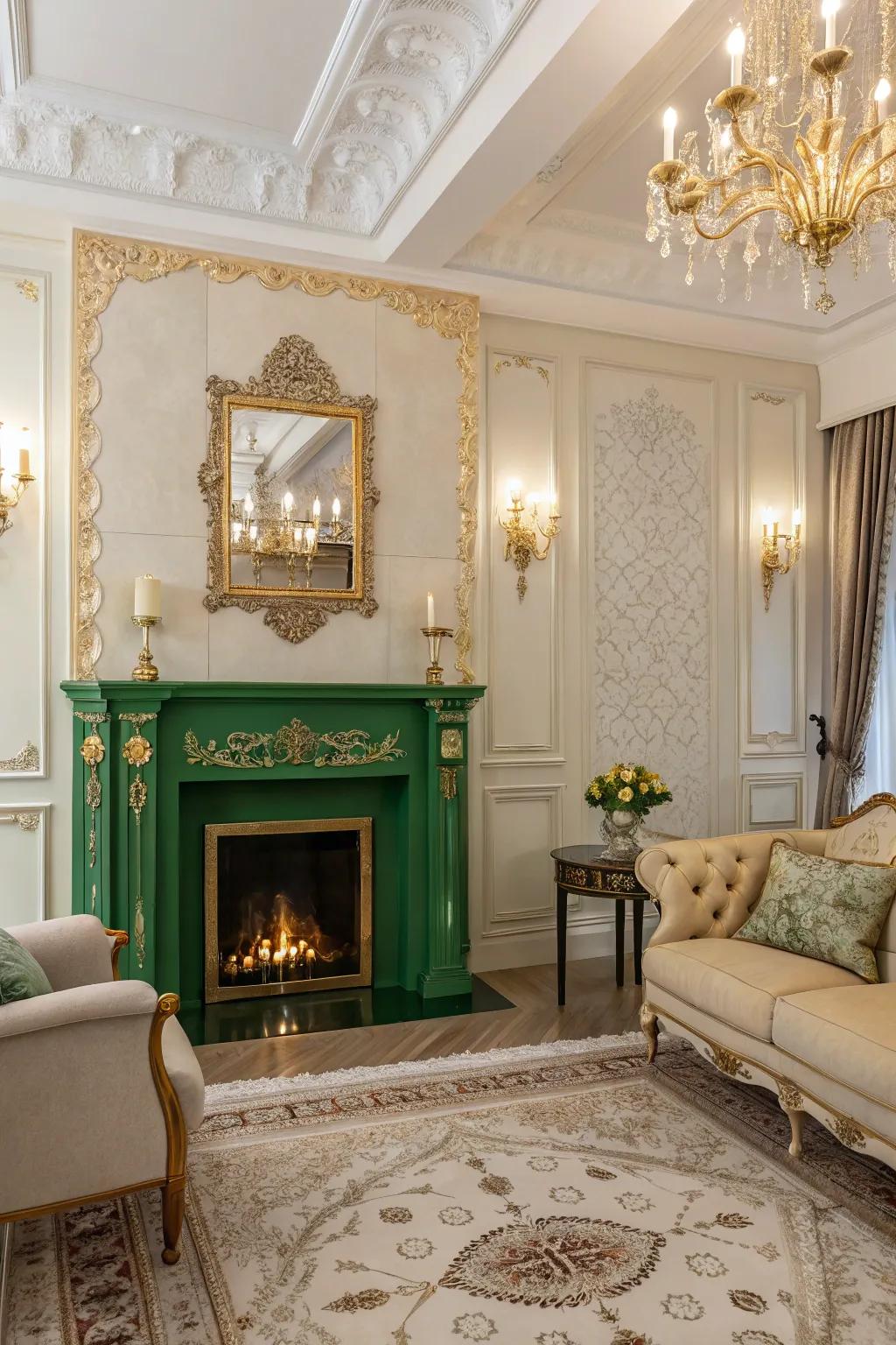 A glamorous living room highlighted by a verdant fireplace and glimmering accents.