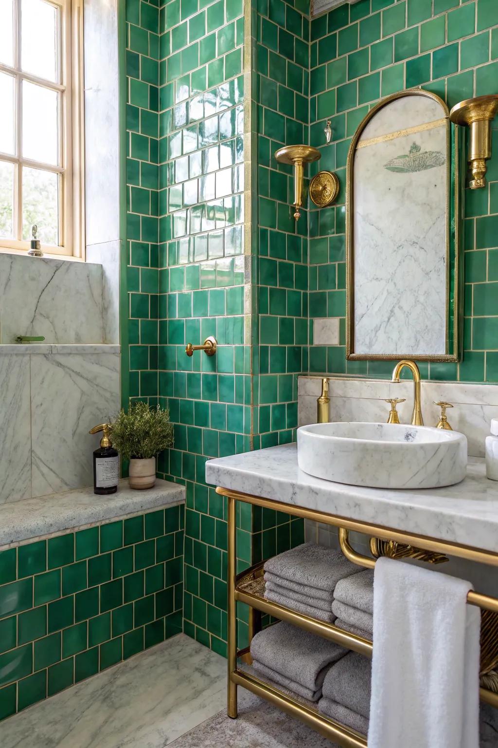 Mixing materials like brass and marble with green tiles adds elegance.