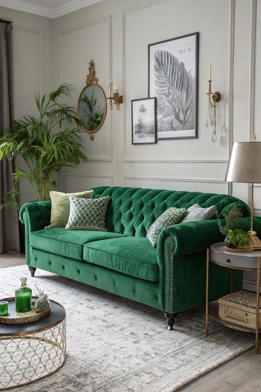 A tasteful monochrome living space displaying layered green hues.