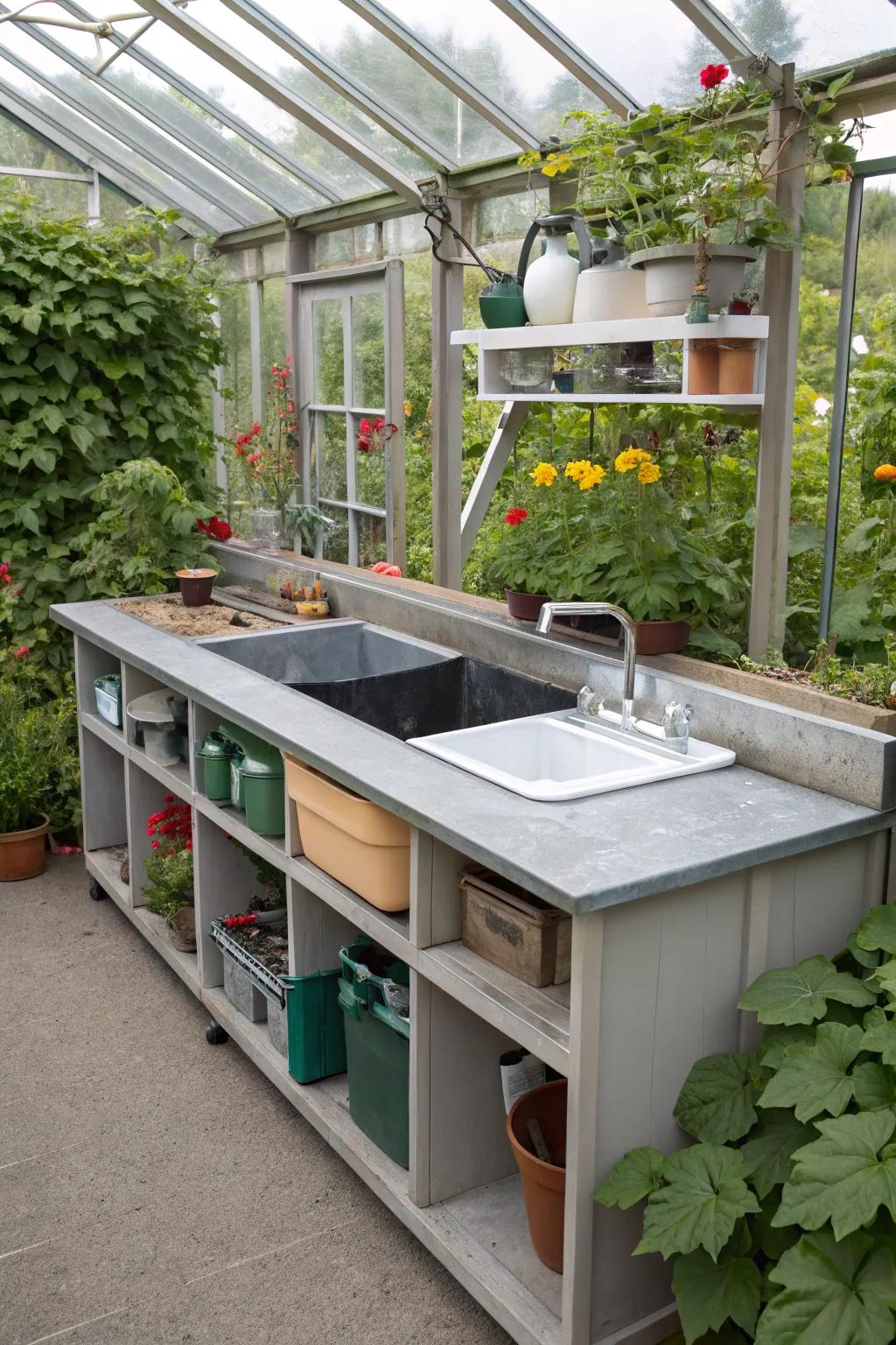 A versatile sink center keeps gardening essentials neatly organized.