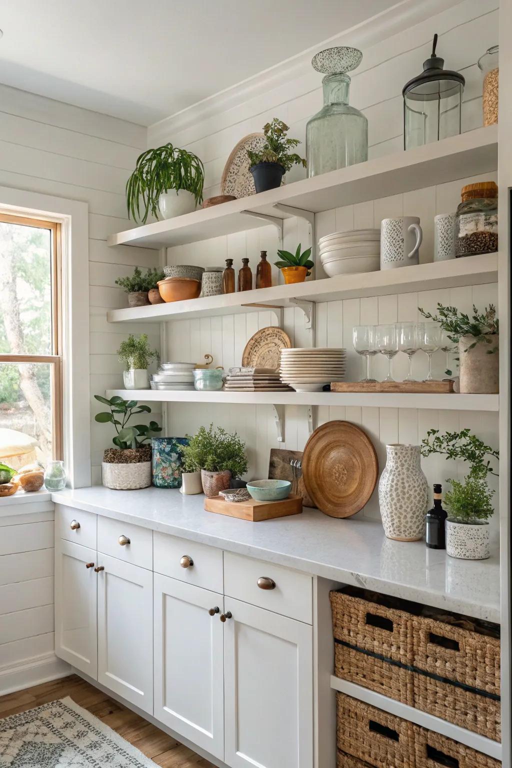 Sleek display shelving featured in a grey and white kitchen