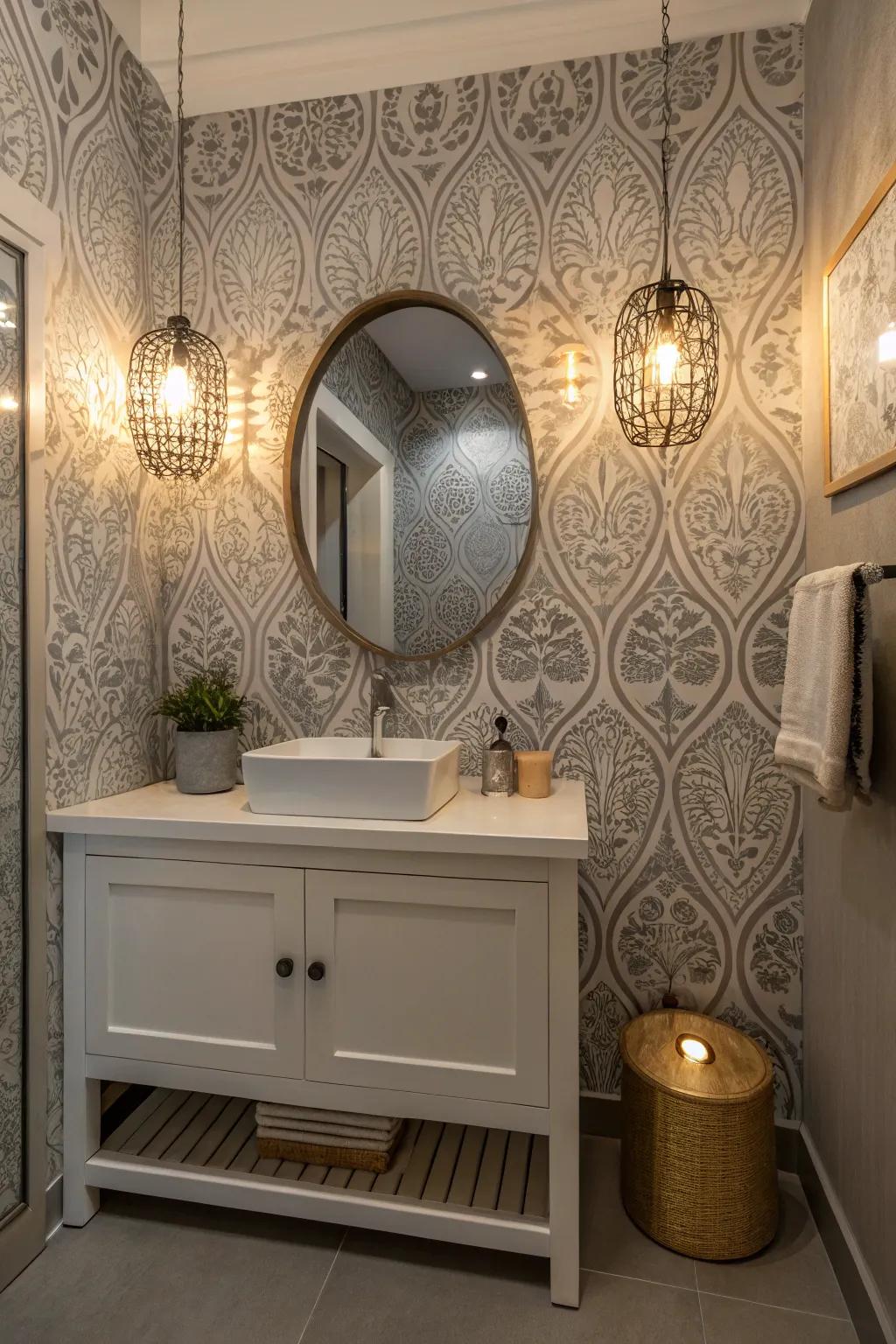 Patterned grey wallpaper brings texture and charm to this small bathroom.
