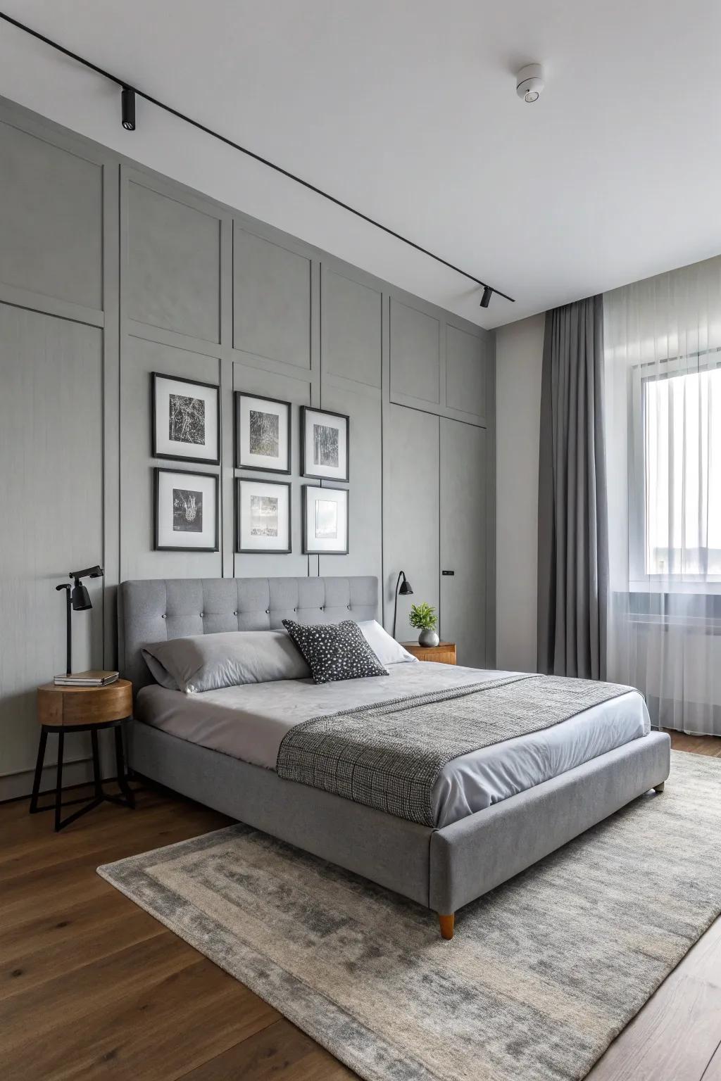 Sleek furniture complements a modern grey bedroom.