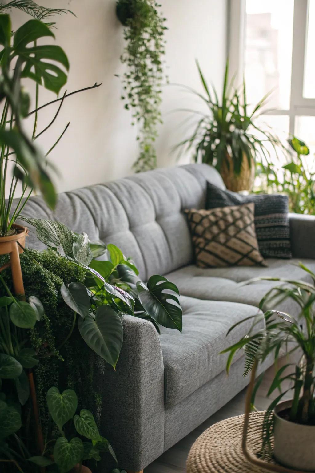 House plants breathe life into a grey couch setup.