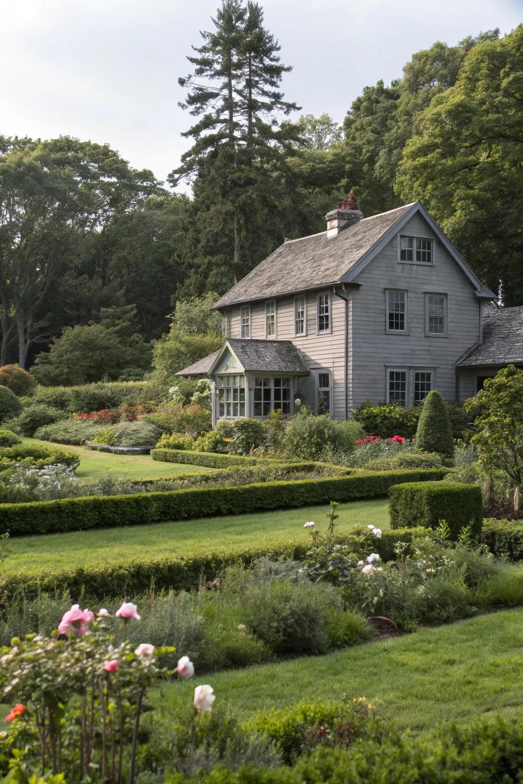 Abundant greenery beautifully complements a grey facade, creating a welcoming ambiance.