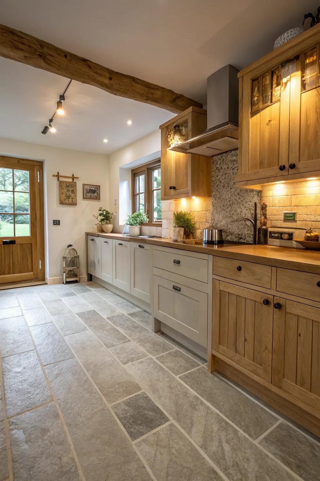 Beige-grey flooring adds elegance and warmth to this kitchen.
