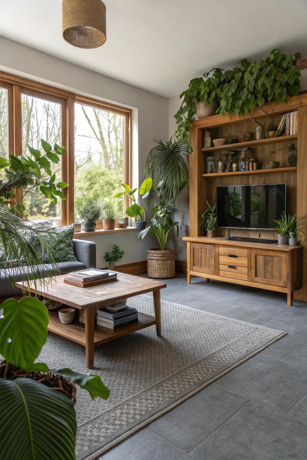 Nature complements the neutrality of grey flooring.