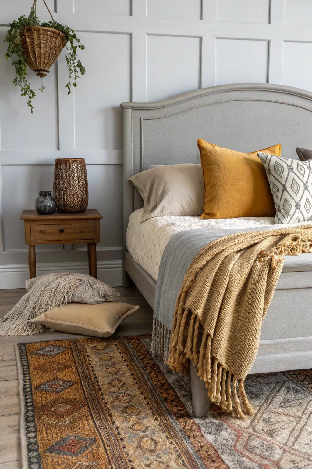 An inviting and warm bedroom featuring a grey headboard and cozy decor.