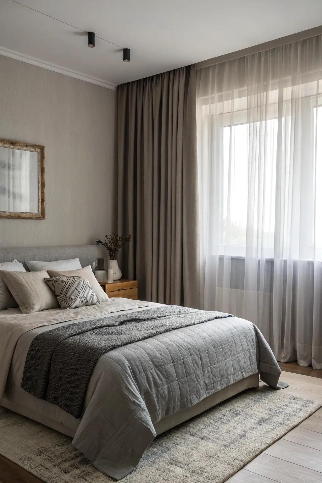 Master the art of layering shades of grey for a serene monochrome bedroom.