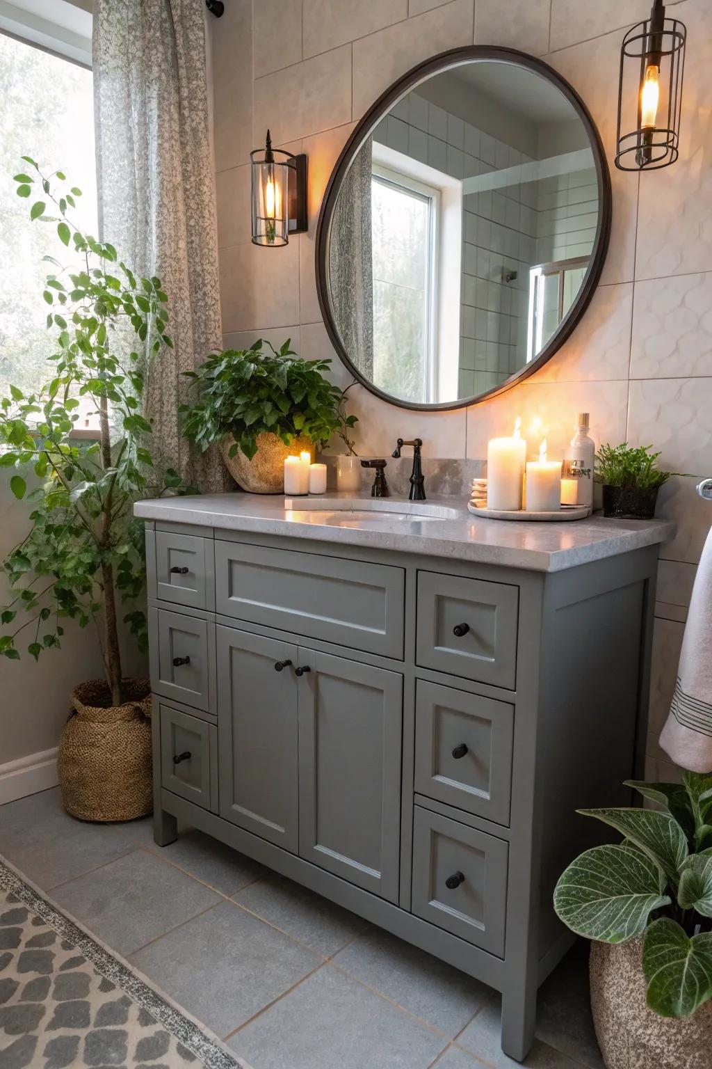 Decorative features such as plants and candles introduce warmth to the grey vanity.