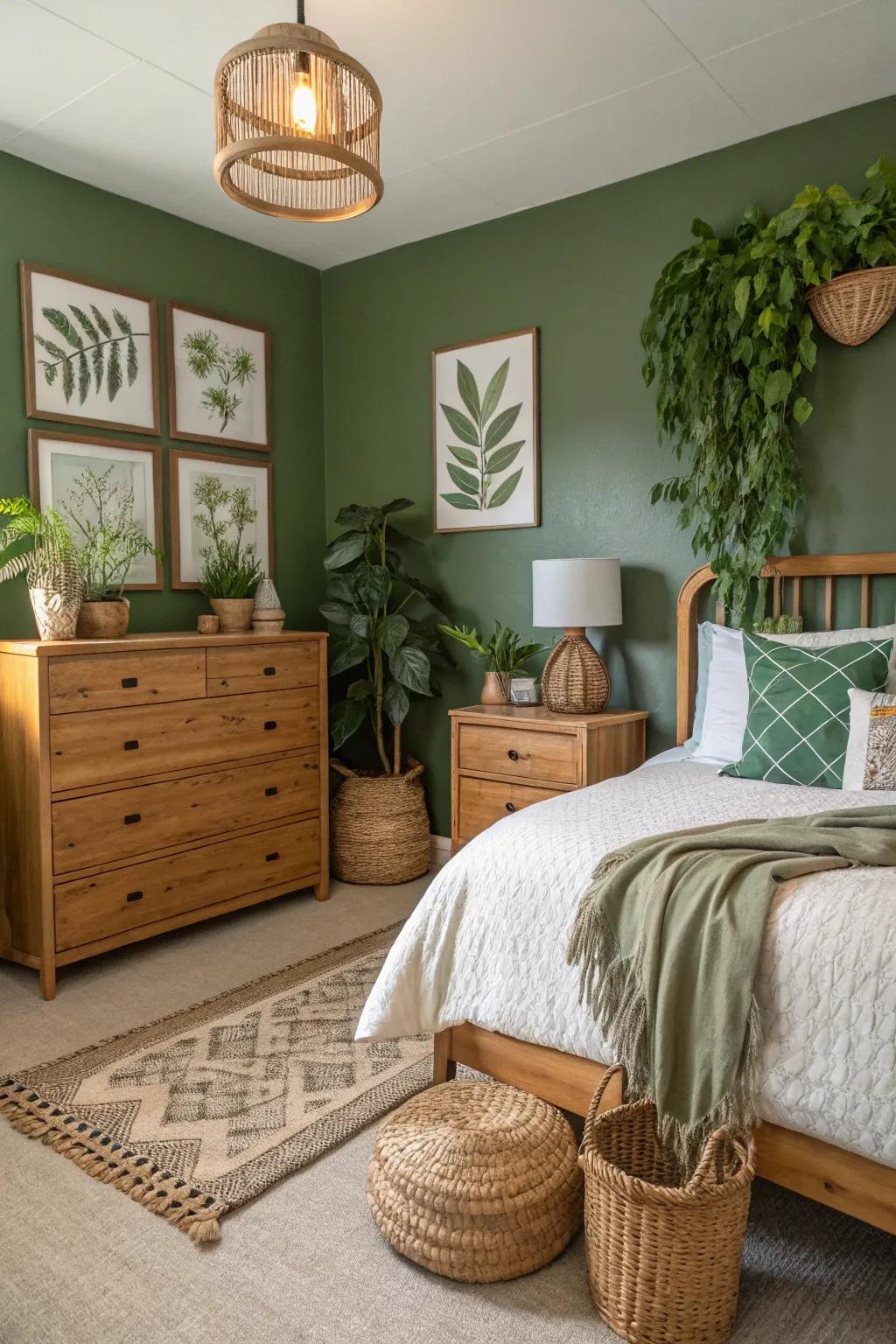 A guest room enveloped in rich moss green for a natural retreat.