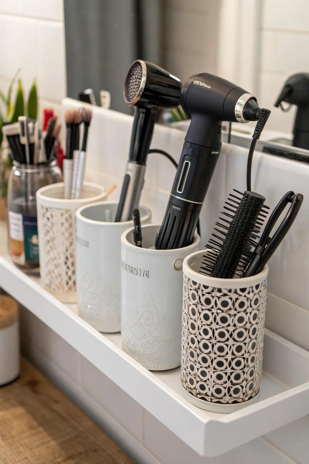 Sophisticated individual vessels for upright storage of hair tools.