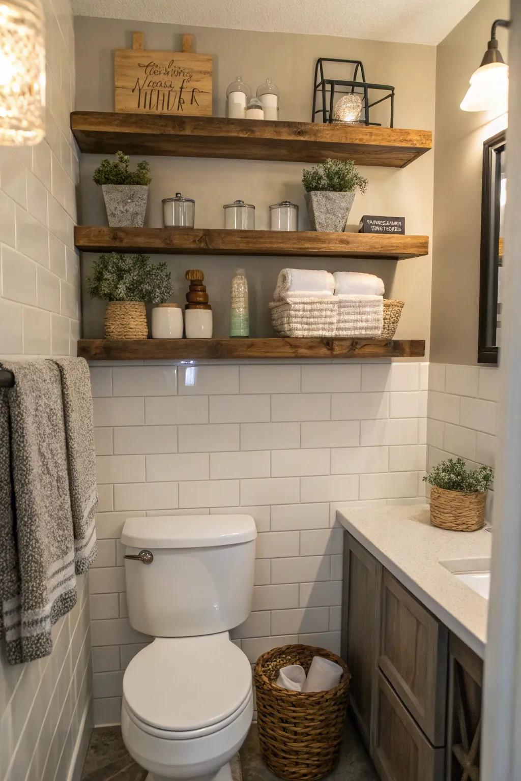 Elevated shelves provide functional and decorative storage.