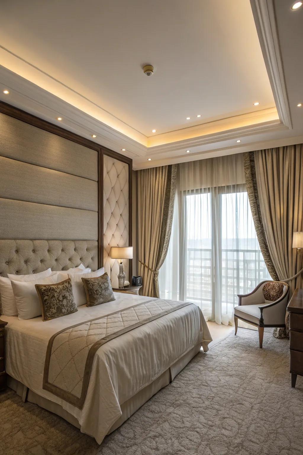 A lavish bedroom featuring layered window coverings and drapes.